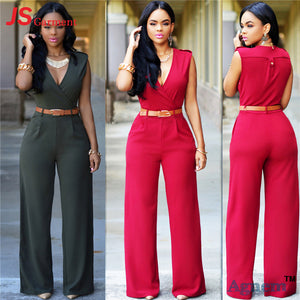 Sexy V-Neck High Waist Sleeveless Ladies Jumpsuit With Belt