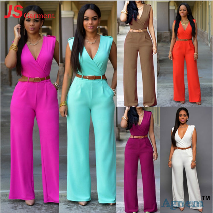 Sexy V-Neck High Waist Sleeveless Ladies Jumpsuit With Belt