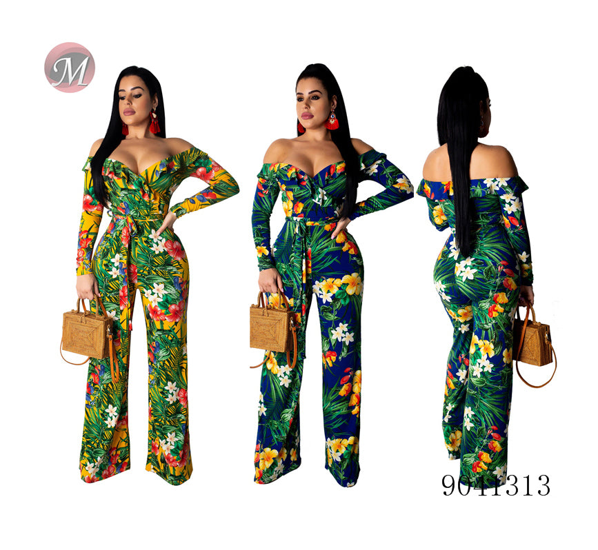 women Off shoulder floral printed wide leg jumpsuit