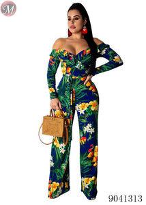 women Off shoulder floral printed wide leg jumpsuit