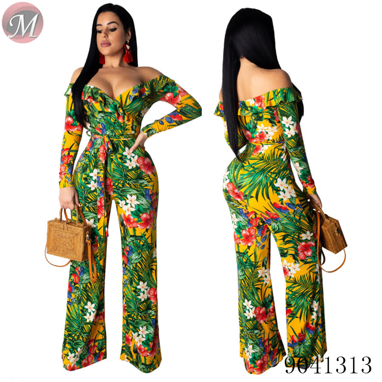 women Off shoulder floral printed wide leg jumpsuit