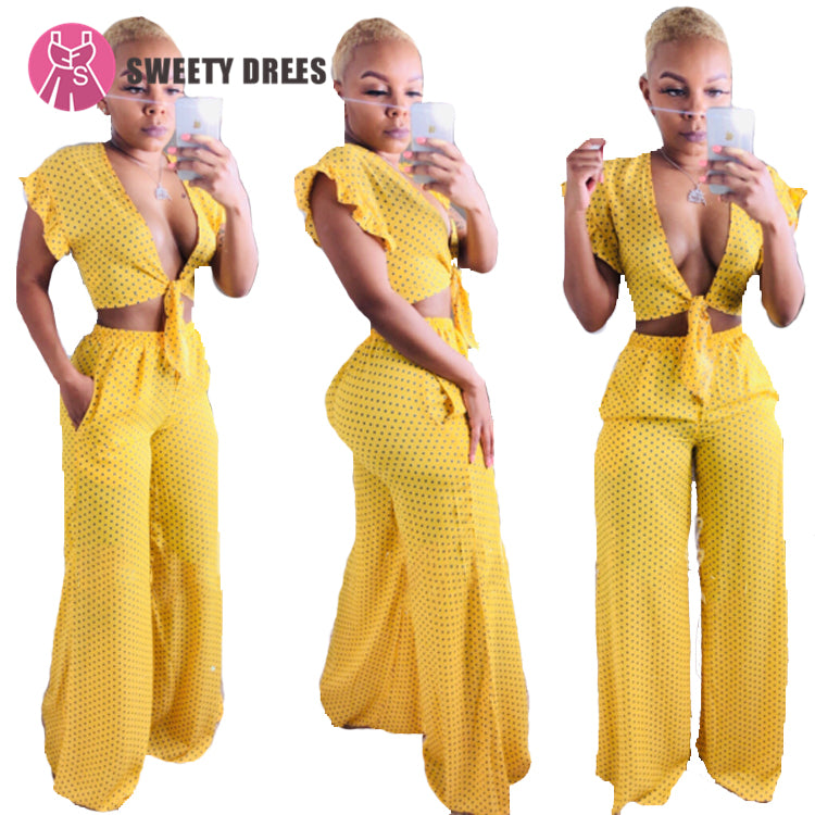 9S00900 Fashion women clothing wave point ruffle sleeve wide leg two piece pants set onsweety