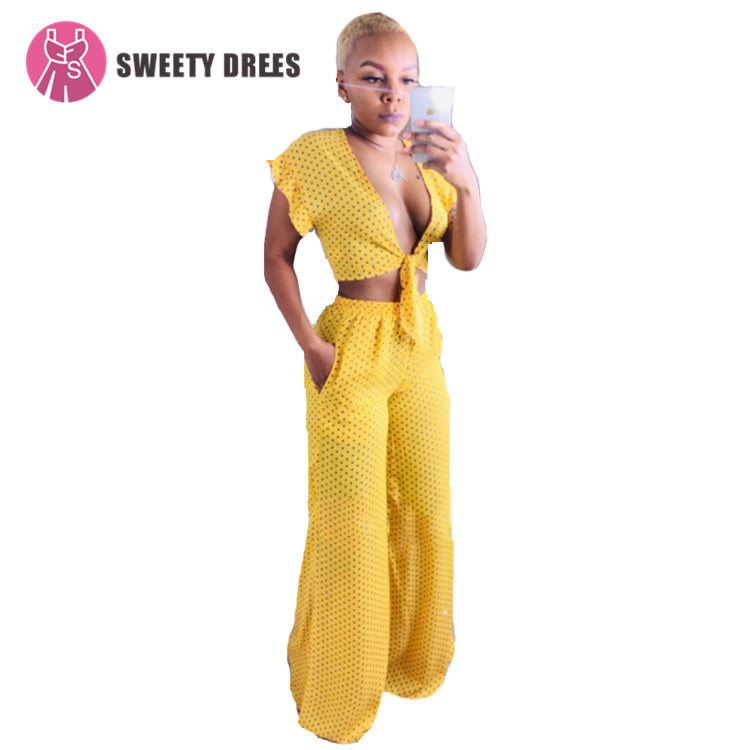 9S00900 Fashion women clothing wave point ruffle sleeve wide leg two piece pants set onsweety