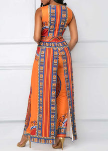 Women's sleeveless printed orange ethnic style jumpsuits