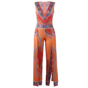 Women's sleeveless printed orange ethnic style jumpsuits