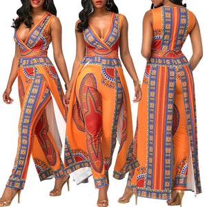 Women's sleeveless printed orange ethnic style jumpsuits