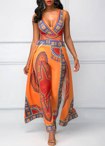 Women's sleeveless printed orange ethnic style jumpsuits