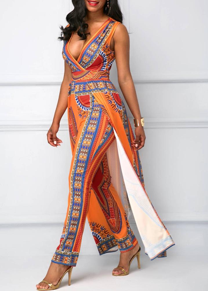 Women's sleeveless printed orange ethnic style jumpsuits