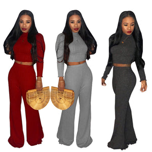 Autumn new long sleeve crop top and wide leg pant elastic fabric women two piece set