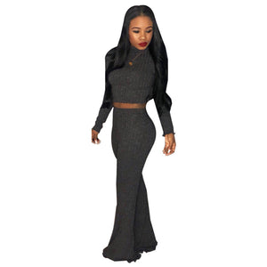 Autumn new long sleeve crop top and wide leg pant elastic fabric women two piece set