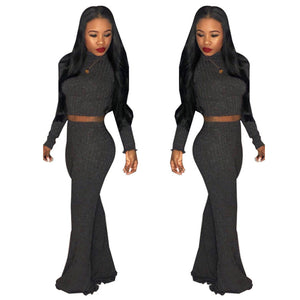 Autumn new long sleeve crop top and wide leg pant elastic fabric women two piece set