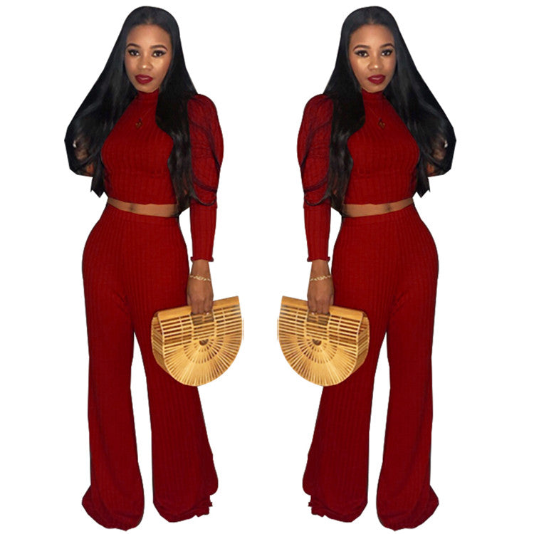 Autumn new long sleeve crop top and wide leg pant elastic fabric women two piece set