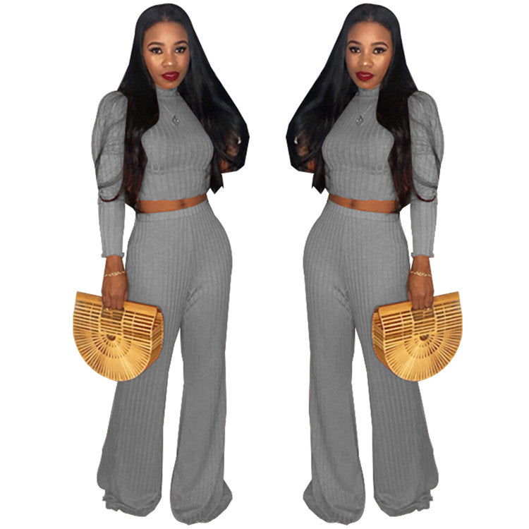 Autumn new long sleeve crop top and wide leg pant elastic fabric women two piece set