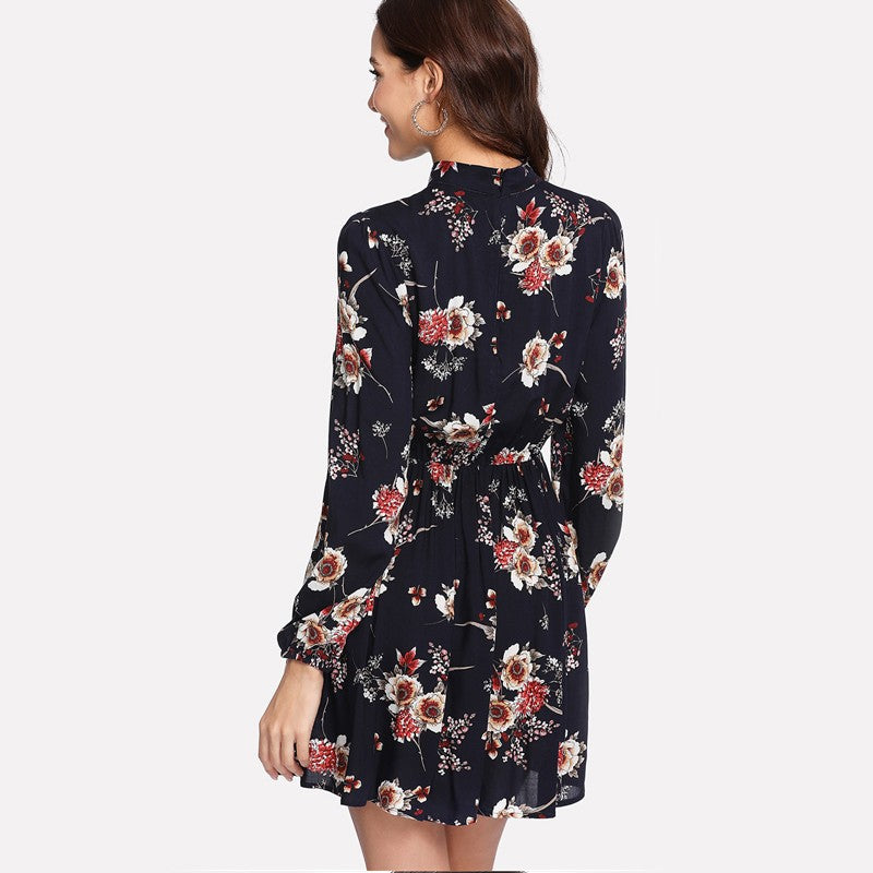 Bohemian Autumn Floral Women Dresses Multicolor Elegant Long Sleeve High Waist A Line Chic Dress