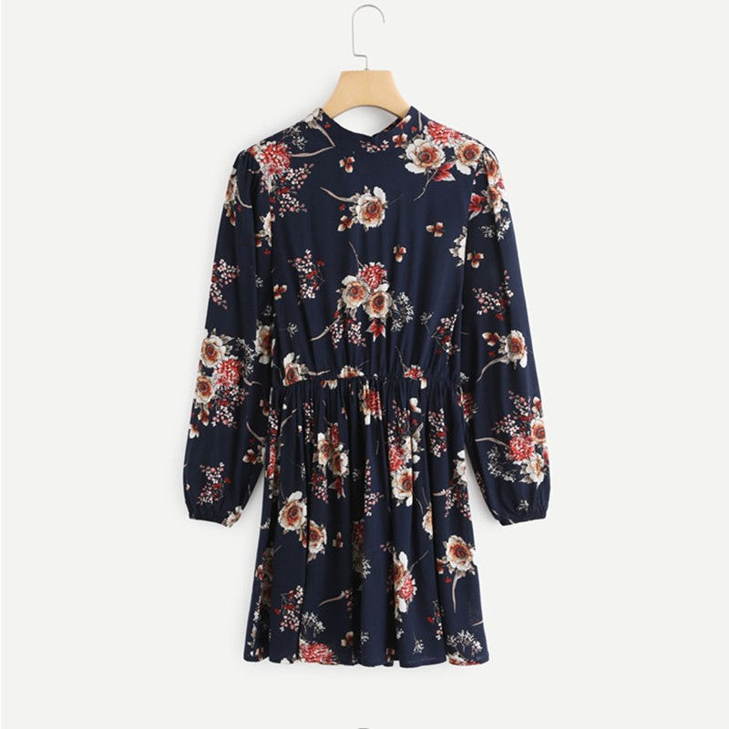 Bohemian Autumn Floral Women Dresses Multicolor Elegant Long Sleeve High Waist A Line Chic Dress