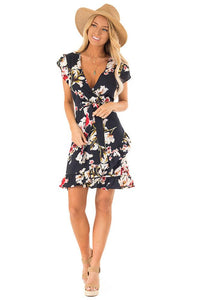 Women’s Summer Wrap V Neck Bohemian Floral Print Ruffle Swing A Line Beach Mini Dress