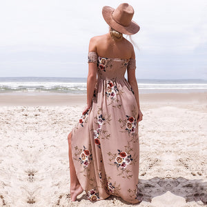 Women Floral Off The Shoulder Split Chiffon Maxi Beach Dresses Wedding Party