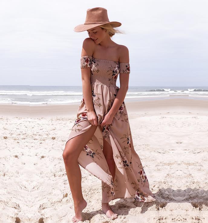 Women Floral Off The Shoulder Split Chiffon Maxi Beach Dresses Wedding Party