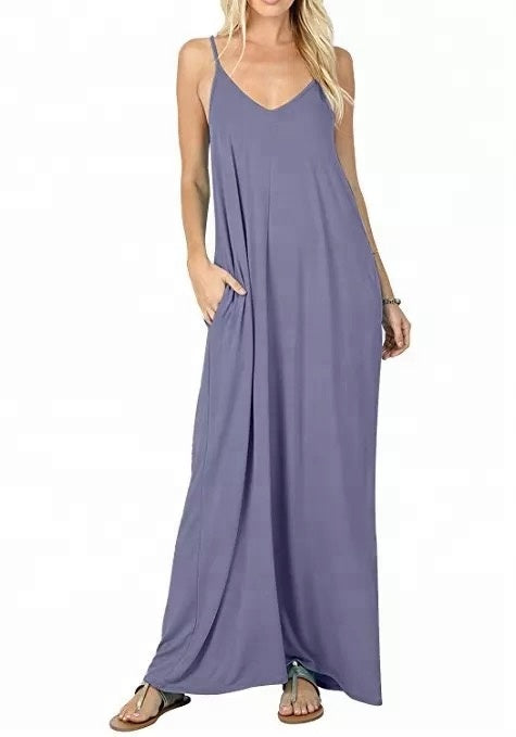 Women's Loose Plain Maxi Dress Casual Flowy Vacation Long Dresses with Pockets