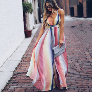 Summer hot selling fashion sexy sleeveless Deep v-neck Bohemian style rainbow stripe Women dress