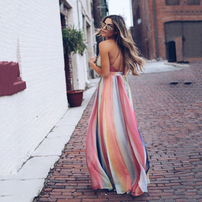 Summer hot selling fashion sexy sleeveless Deep v-neck Bohemian style rainbow stripe Women dress