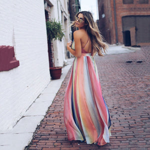 Summer hot selling fashion sexy sleeveless Deep v-neck Bohemian style rainbow stripe Women dress