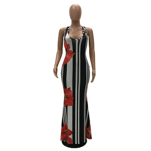 Deep V Neck Sleeveless Printed Flora stripe Long Maxi Dress 2019 Ladies Summer Beach Bohemian floor dress Women