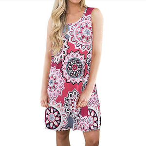 Women Element printing Dress Soft Material Sleeveless Round Neck Casual Dress