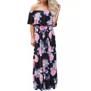 Womens Off The Shoulder Ruffle Party Dresses Side Split Beach Maxi Dress