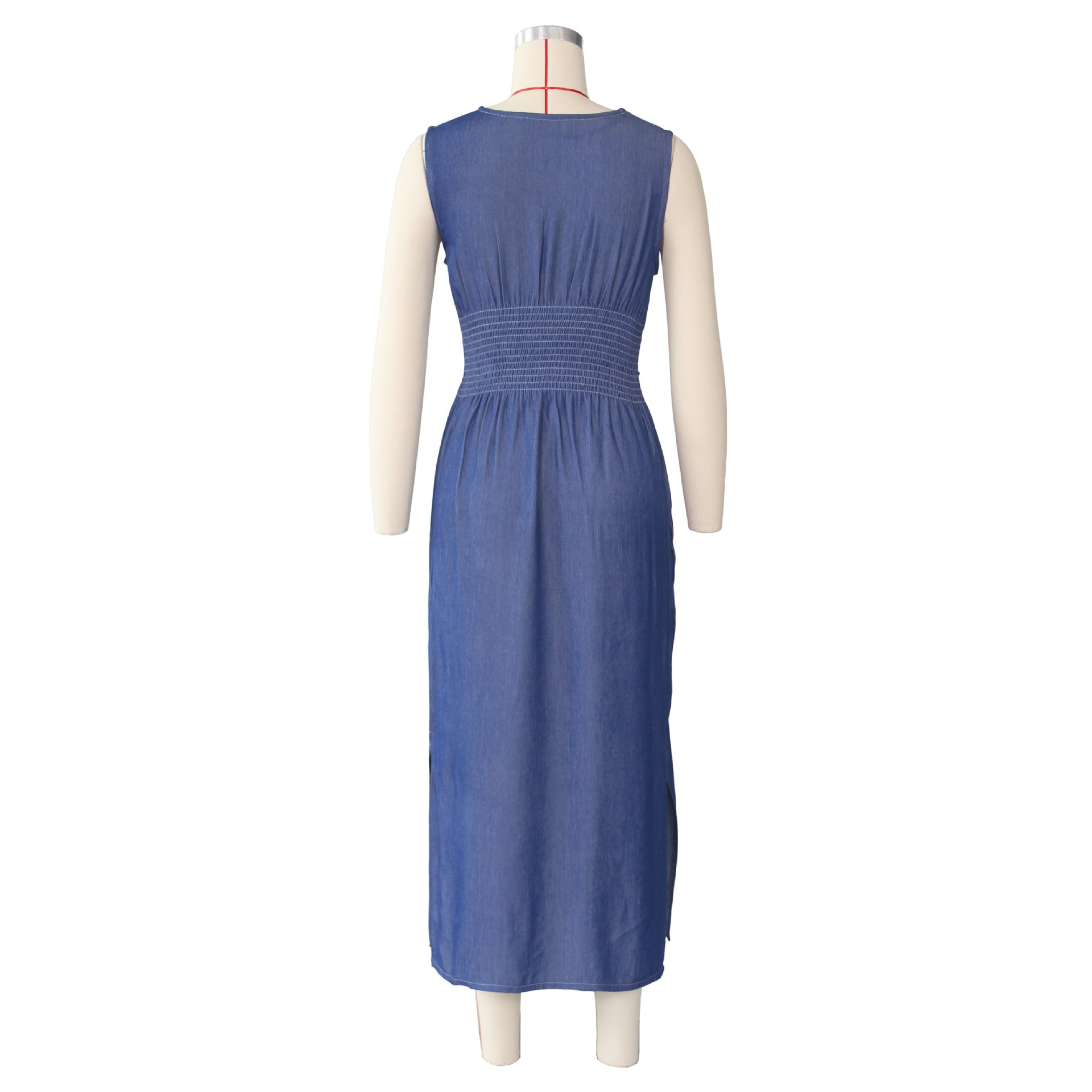 Women's Casual Sleeveless Loose Denim Cotton Slit Maxi Dress High Waist with Belt