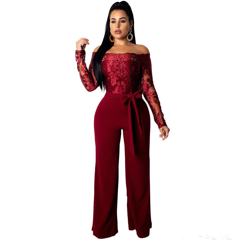 Off Shoulder Guipure Lace Tie Waist Womens Jumpsuit