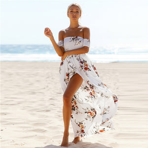 Women Floral Off The Shoulder Split Chiffon Maxi Beach Dresses Wedding Party