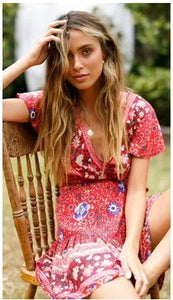 Sexy Ruffled Dresses Women Summer Ladies Bohemian V Neck Printed Dress