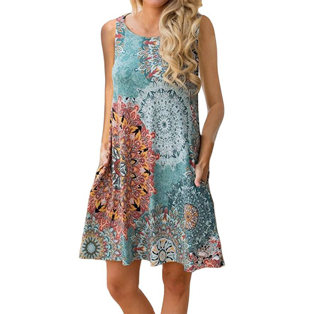 Women Element printing Dress Soft Material Sleeveless Round Neck Casual Dress