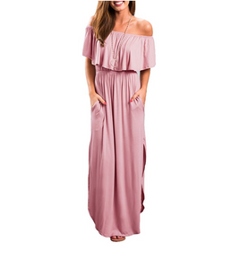 Womens Off The Shoulder Ruffle Party Dresses Side Split Beach Maxi Dress