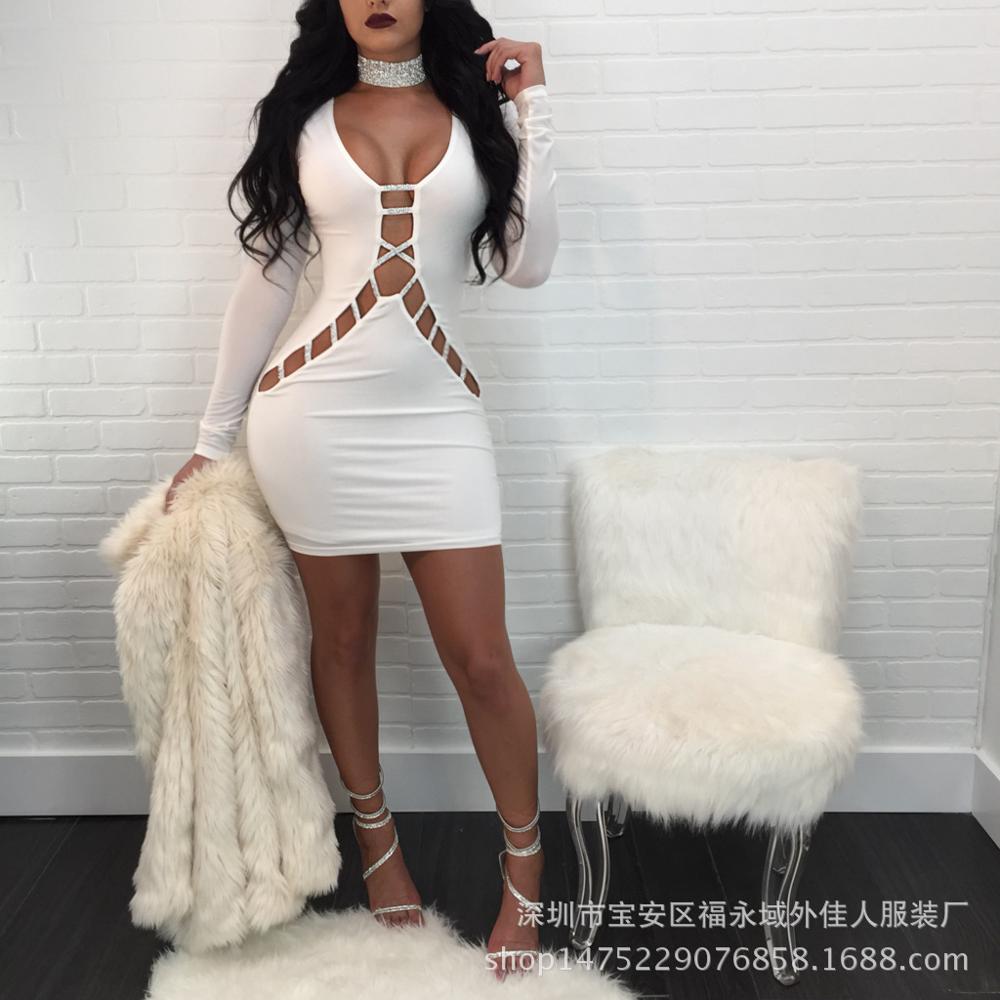 Red White Black Fashion Sexy Hollow Out Bodycon Dress Party Club Women Rhinestone Neck Mini Dress ELD536