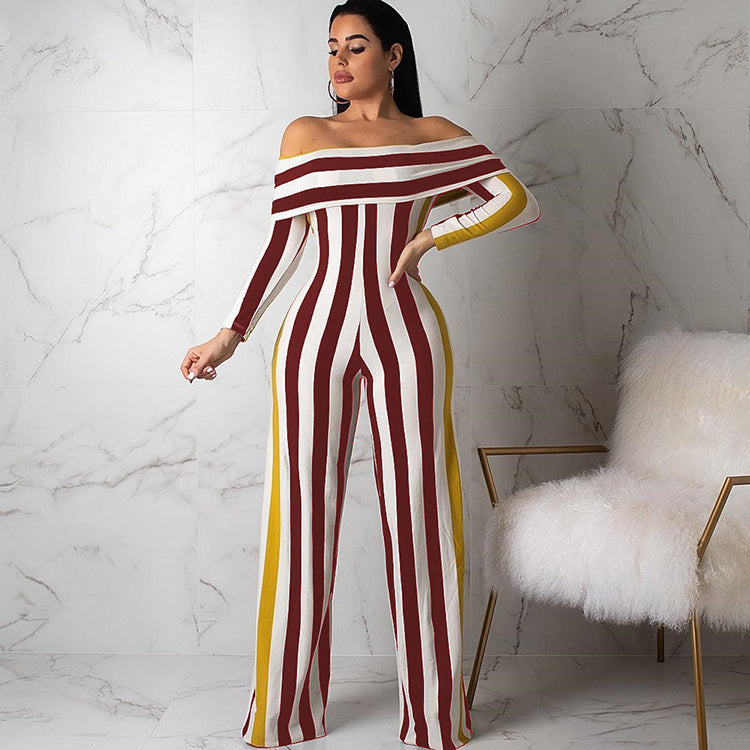 2019 Latest Design Casual Fashion Wide Leg Pants Striped Print Off Shoulder Sexy Women Jumpsuits