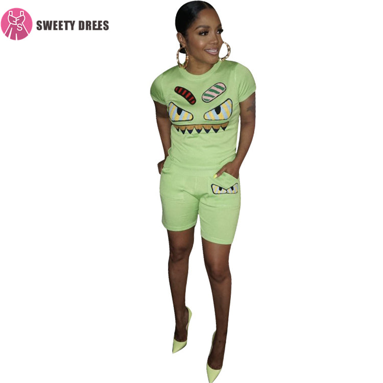 Women summer cartoon monster embroidered short sport two piece set