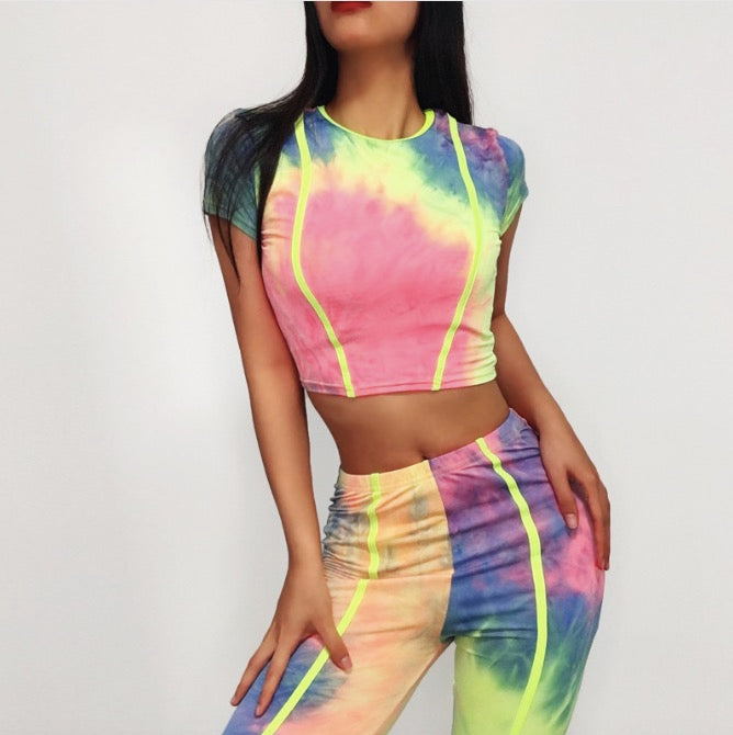 Sexy 2 two piece set top and pants outfits tracksuit women long sleeve wide leg pants tie dye two piece set