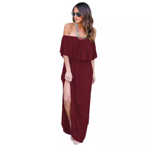 Womens Off The Shoulder Ruffle Party Dresses Side Split Beach Maxi Dress