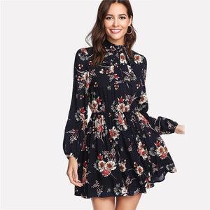 Bohemian Autumn Floral Women Dresses Multicolor Elegant Long Sleeve High Waist A Line Chic Dress