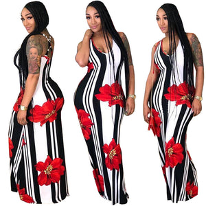 Deep V Neck Sleeveless Printed Flora stripe Long Maxi Dress 2019 Ladies Summer Beach Bohemian floor dress Women