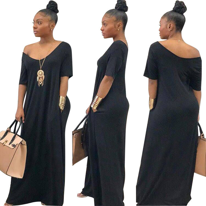 V Neck Solid Colour Short Sleeve Loose Long floor Casual Dress With pocket 2019 New Fashion Women Dress