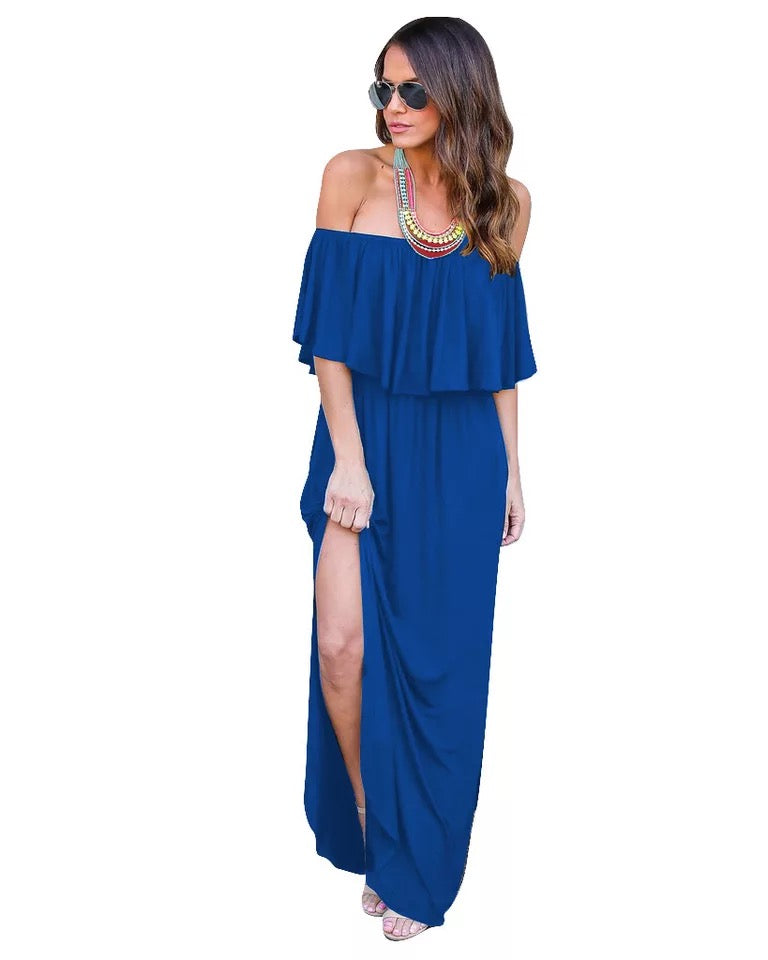 Womens Off The Shoulder Ruffle Party Dresses Side Split Beach Maxi Dress