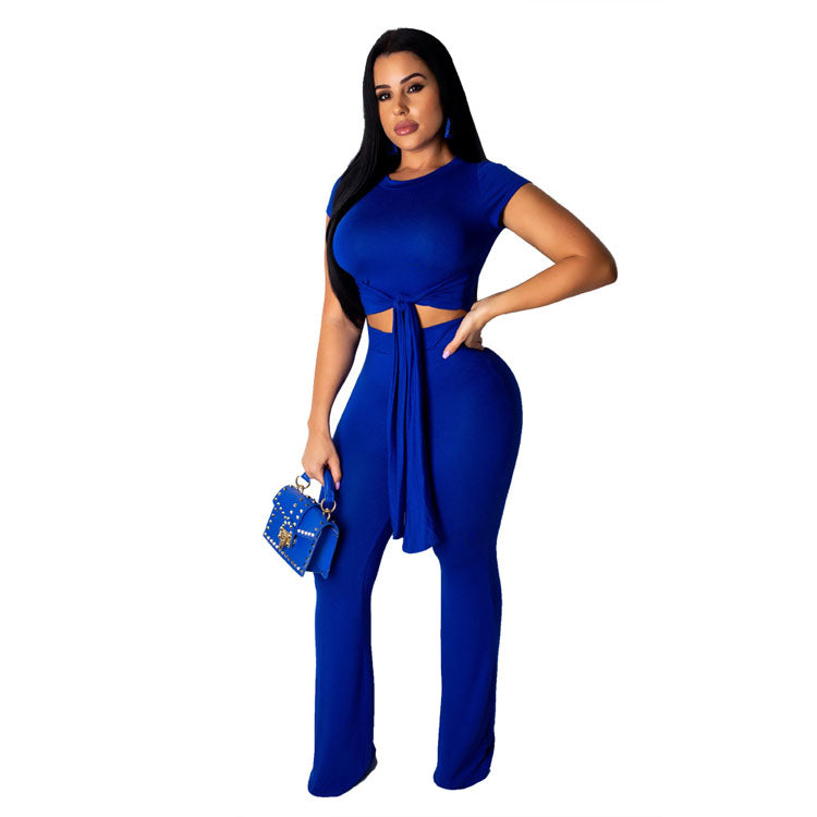 SAYM8361 fashion  short sleeve crop top and wide leg pants women matching two piece set