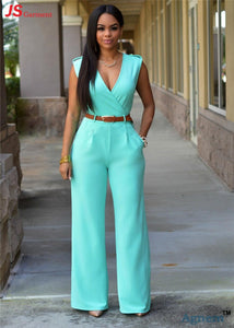 Sexy V-Neck High Waist Sleeveless Ladies Jumpsuit With Belt