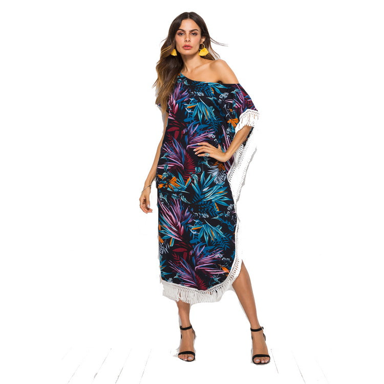 Summer Beach Dress Women Sexy One Shoulder Floral Split Tassel Asymmetrical Dress