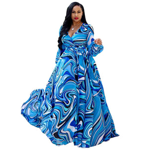 Women's Floral Print Wrap V Neck Long Sleeve Tie Waist Maxi Dress