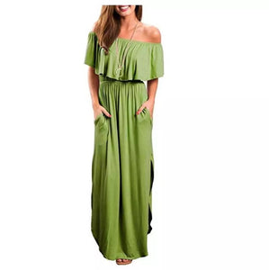 Womens Off The Shoulder Ruffle Party Dresses Side Split Beach Maxi Dress