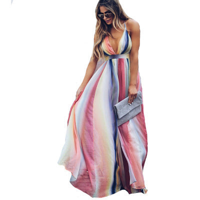 Summer hot selling fashion sexy sleeveless Deep v-neck Bohemian style rainbow stripe Women dress